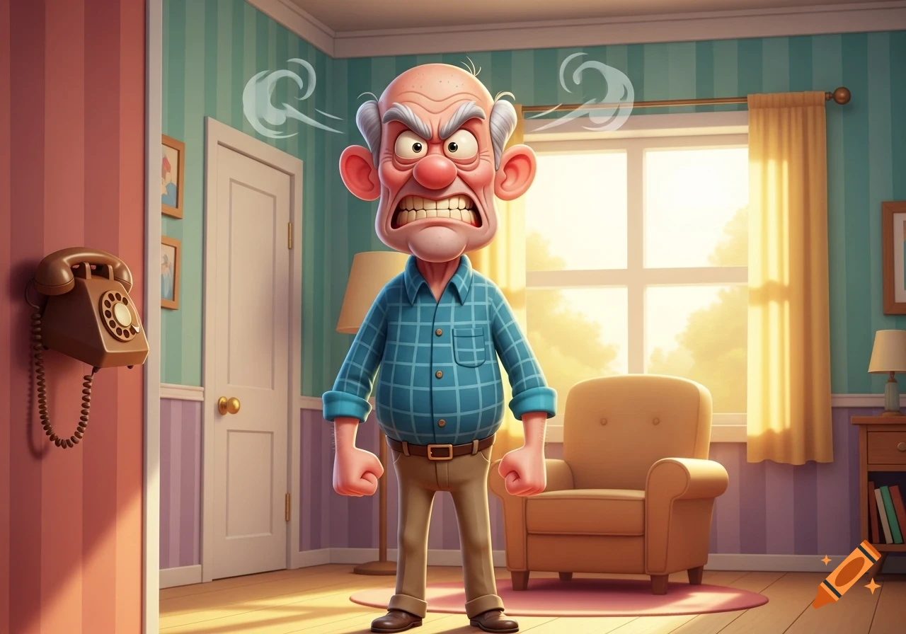 Cartoon of an angry old man with steam rising from his head, standing in a brightly lit room with a wall phone.