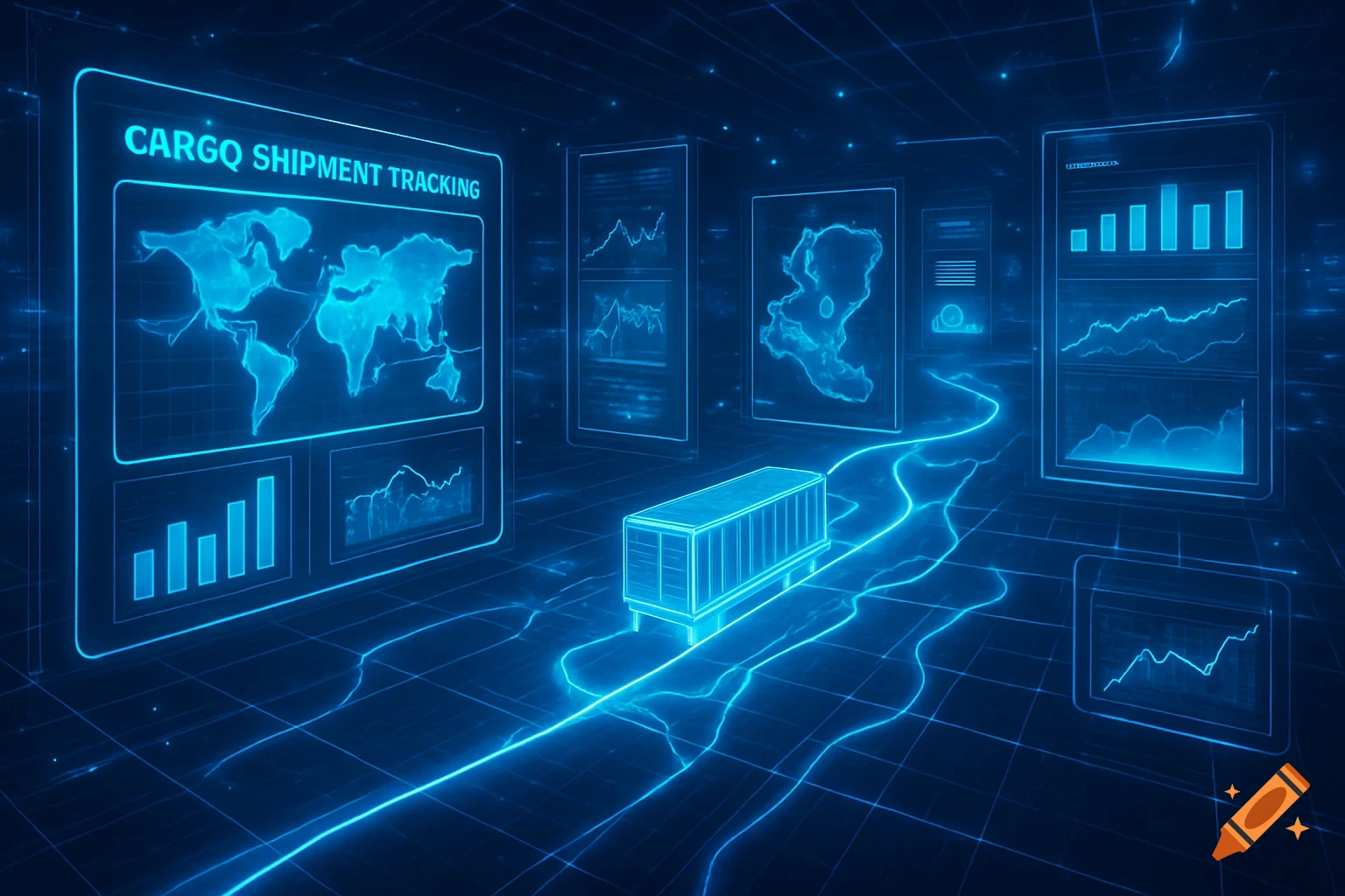 Futuristic digital interface showing cargo shipment tracking with a glowing world map, charts, and a container on a neon grid.