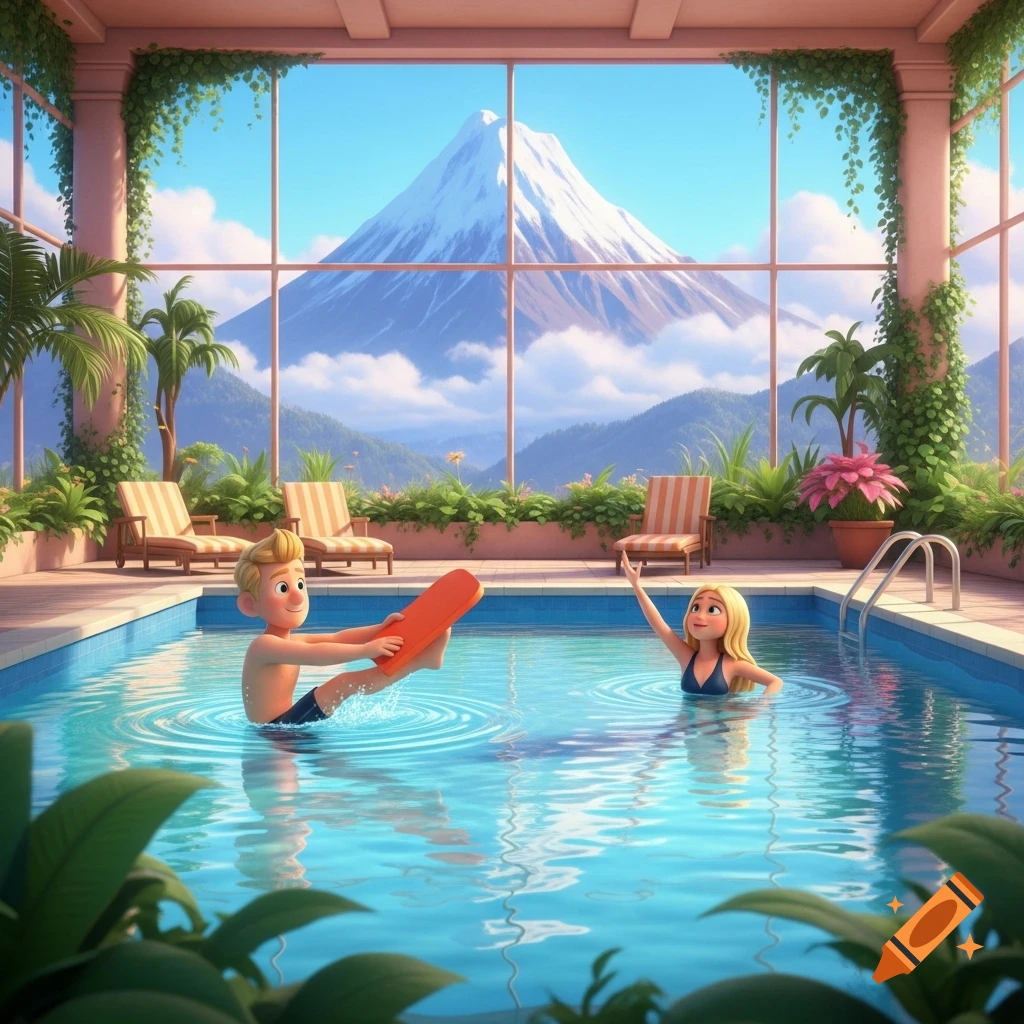 A man and a woman in an indoor swimming pool, with a snow mountain and tropical greenery visible outside, in Pixar style.