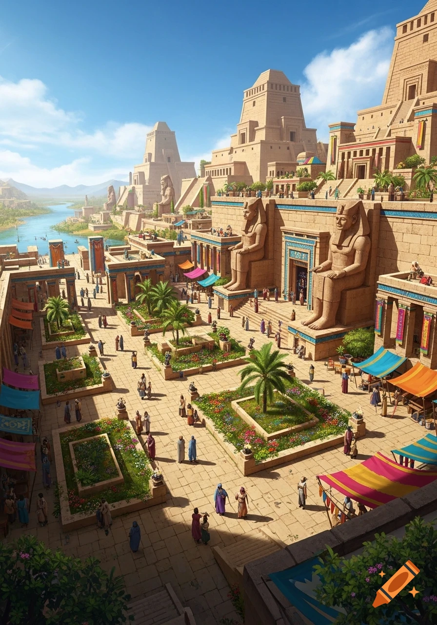 A bustling ancient city with grand pyramids, temples, and large seated statues, full of people and market stalls along a river.