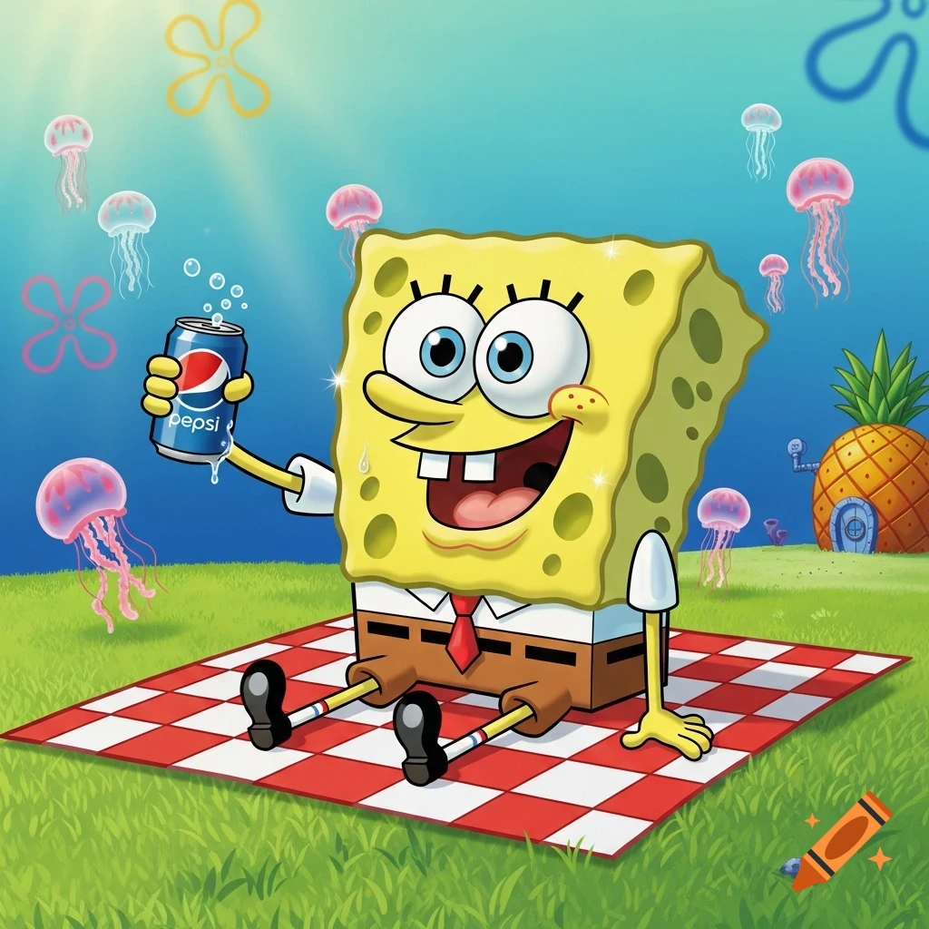Cartoon Spongebob SquarePants sits on a red and white picnic blanket, happily holding a Pepsi can in a grassy underwater scene with jellyfish and his pineapple house.