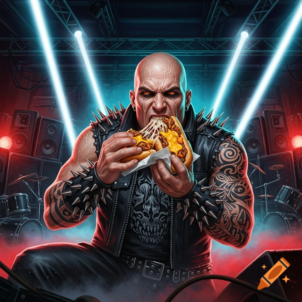 A fierce bald man in a spiked leather vest, with tattoos and glowing eyes, intensely eats a messy Philly cheesesteak on a concert stage.