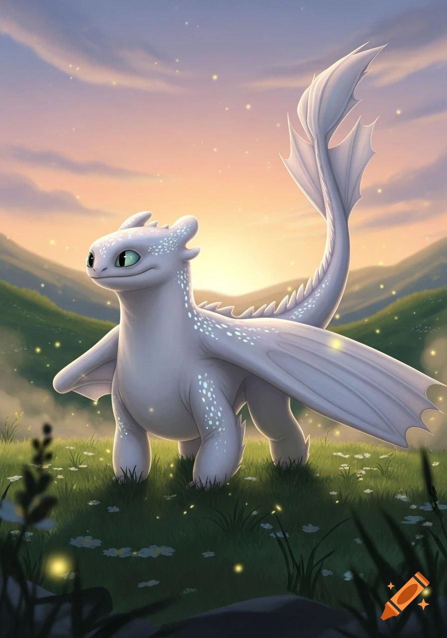 An animated white dragon with green eyes stands in a grassy field with fireflies under a sunset sky.
