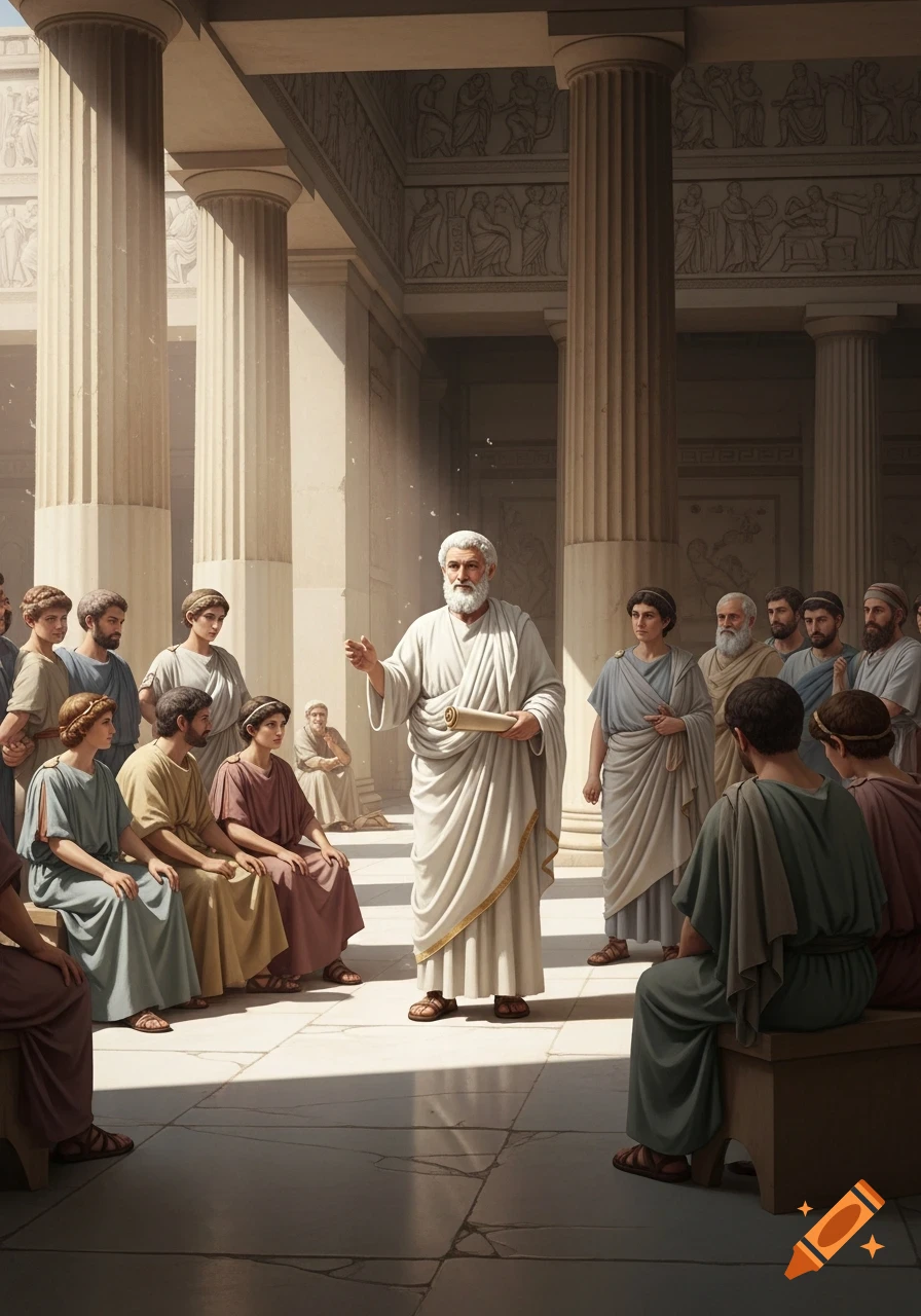 An older bearded man, possibly Hippocrates, teaches a group of pupils in an ancient Greek columned building with carved friezes.