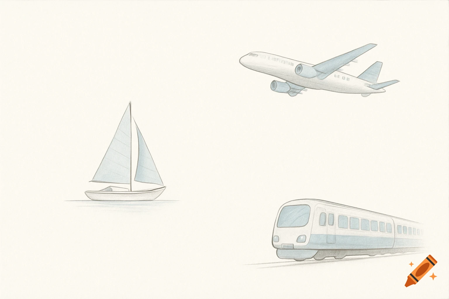 A minimalist sketch of a sailboat, an airplane, and a train on a plain background.