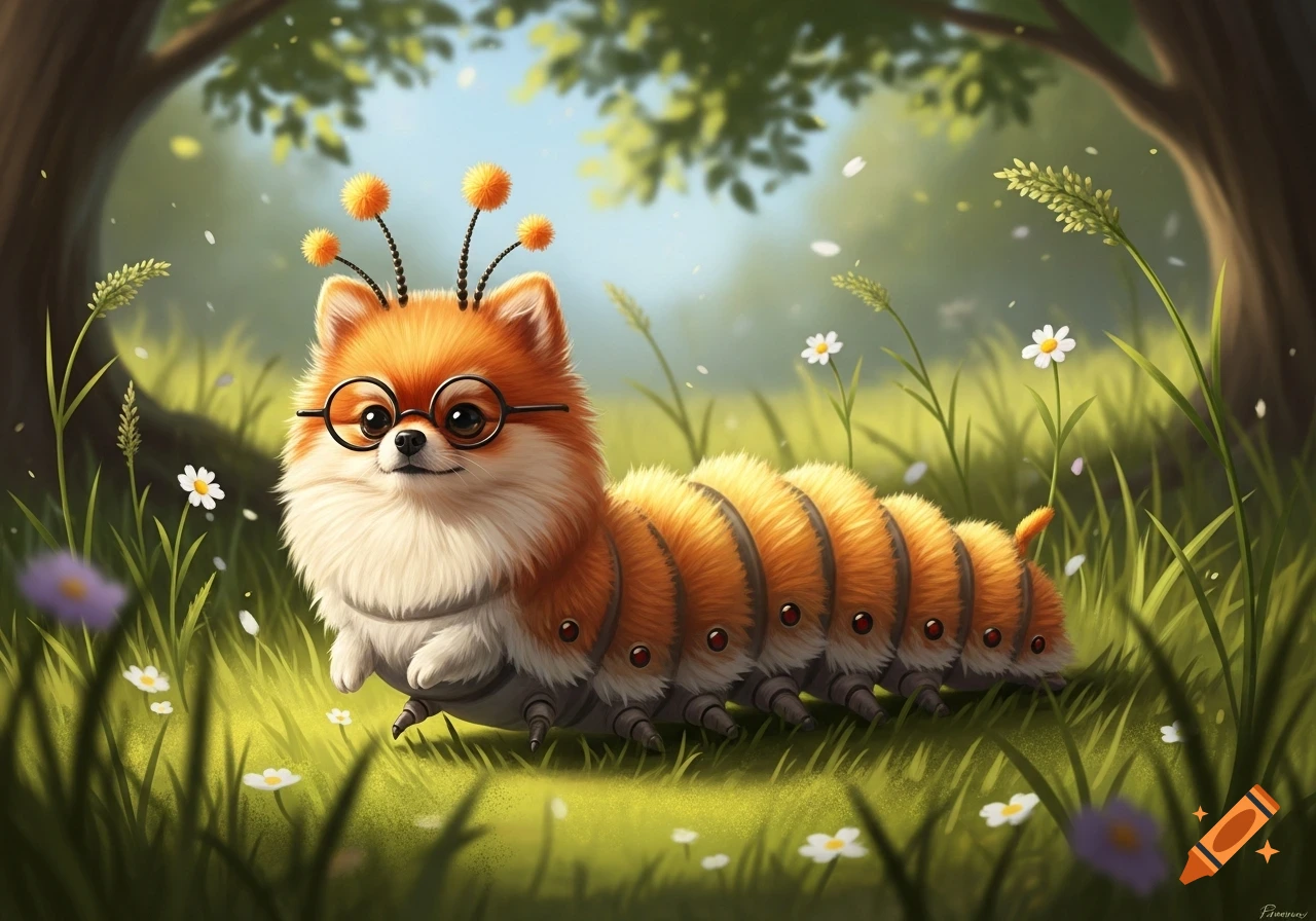 A fluffy orange and white Pomeranian-caterpillar hybrid with round glasses and pom-pom antennae smiles in a sunny, grassy forest with white flowers.