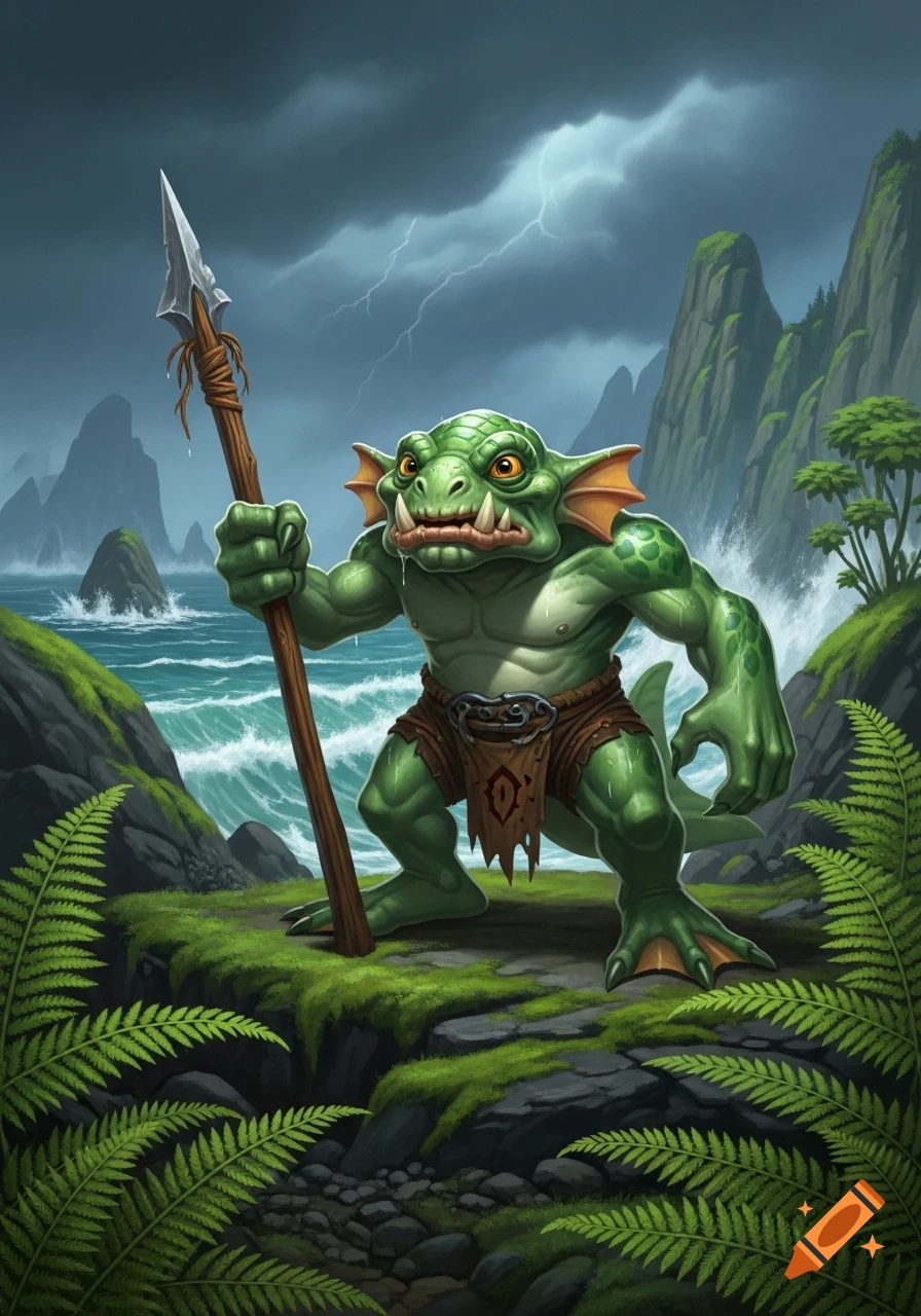 A green Murloc with a spear stands on a cliff overlooking a stormy ocean with rocky islands and lightning.