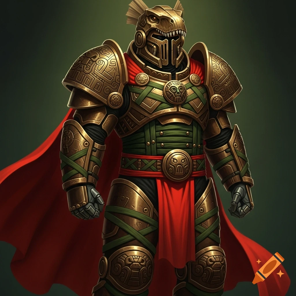 Bulky Aztec-style power armor with bronze plating, olive green cloth, a velociraptor helmet, and a crimson cape.