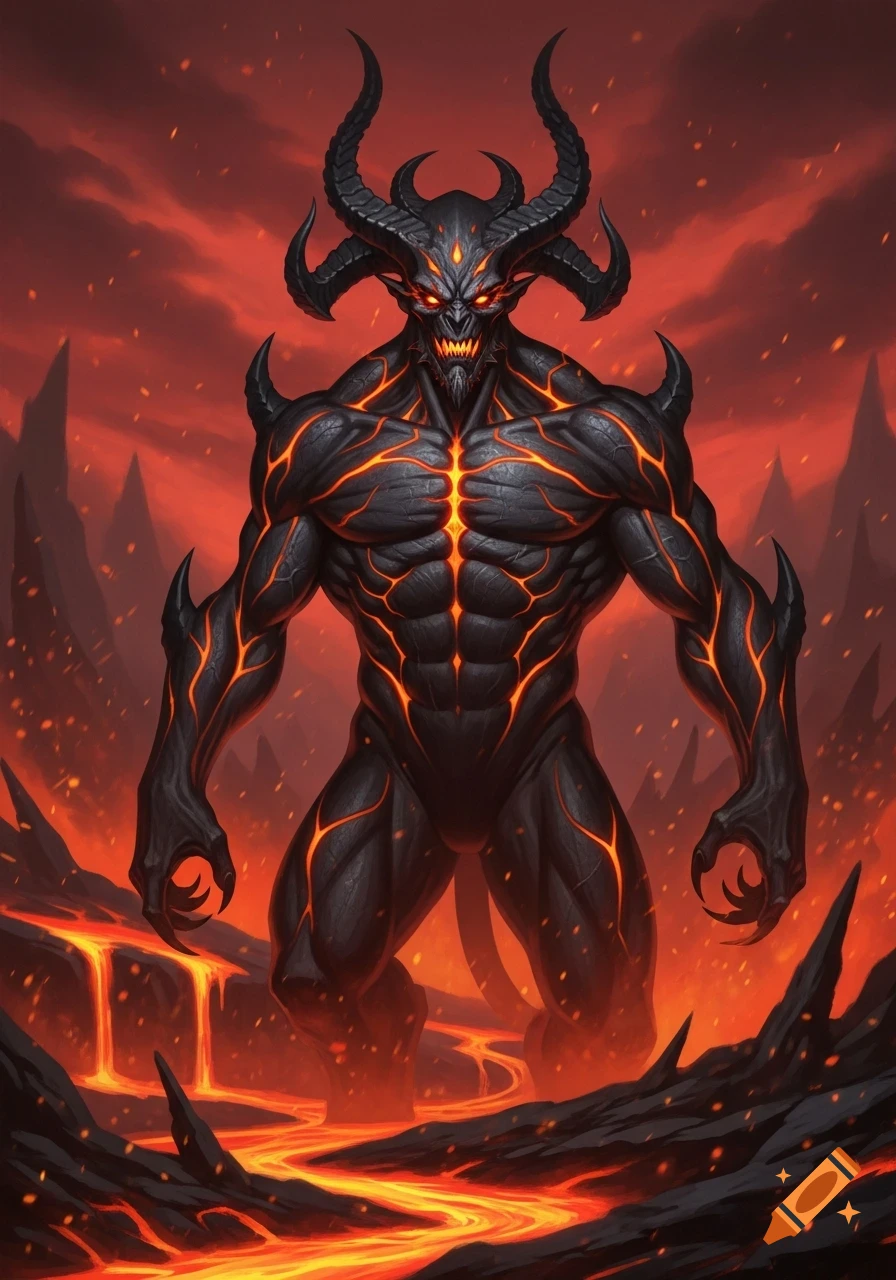 A powerful, muscular demon with glowing orange lines and red eyes stands in a hellish landscape with flowing lava and fiery skies.