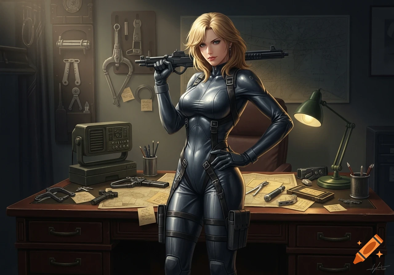 A blonde female spy in a tight black tactical suit holds a submachine gun over her shoulder, standing in an office.