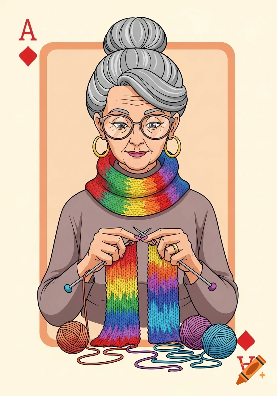 Cartoon illustration of an elderly woman with glasses and hoop earrings, knitting a rainbow scarf, designed as an Ace of Diamonds playing card.