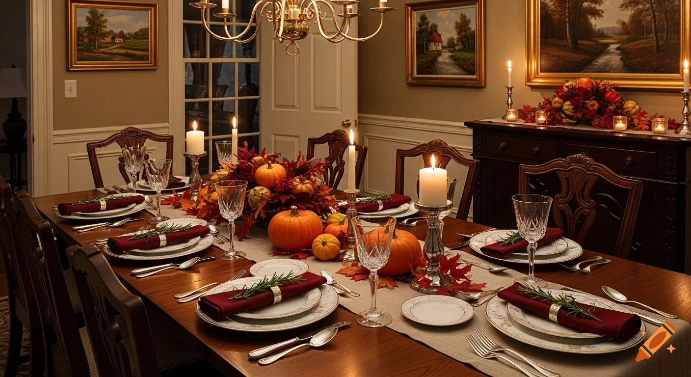 A beautifully set Thanksgiving dining room table, adorned with pumpkins, autumn leaves, and lit candles.