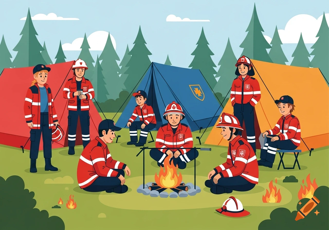 A group of smiling cartoon youth fire brigade members in red uniforms and helmets sit around a campfire with tents in a forest.