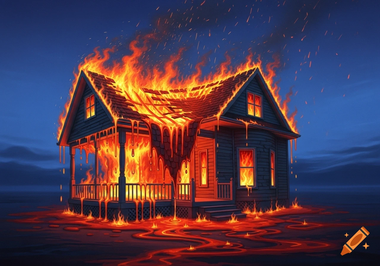 A stylized illustration of a house engulfed in flames, melting into glowing lava-like material on the ground under a dark blue sky.