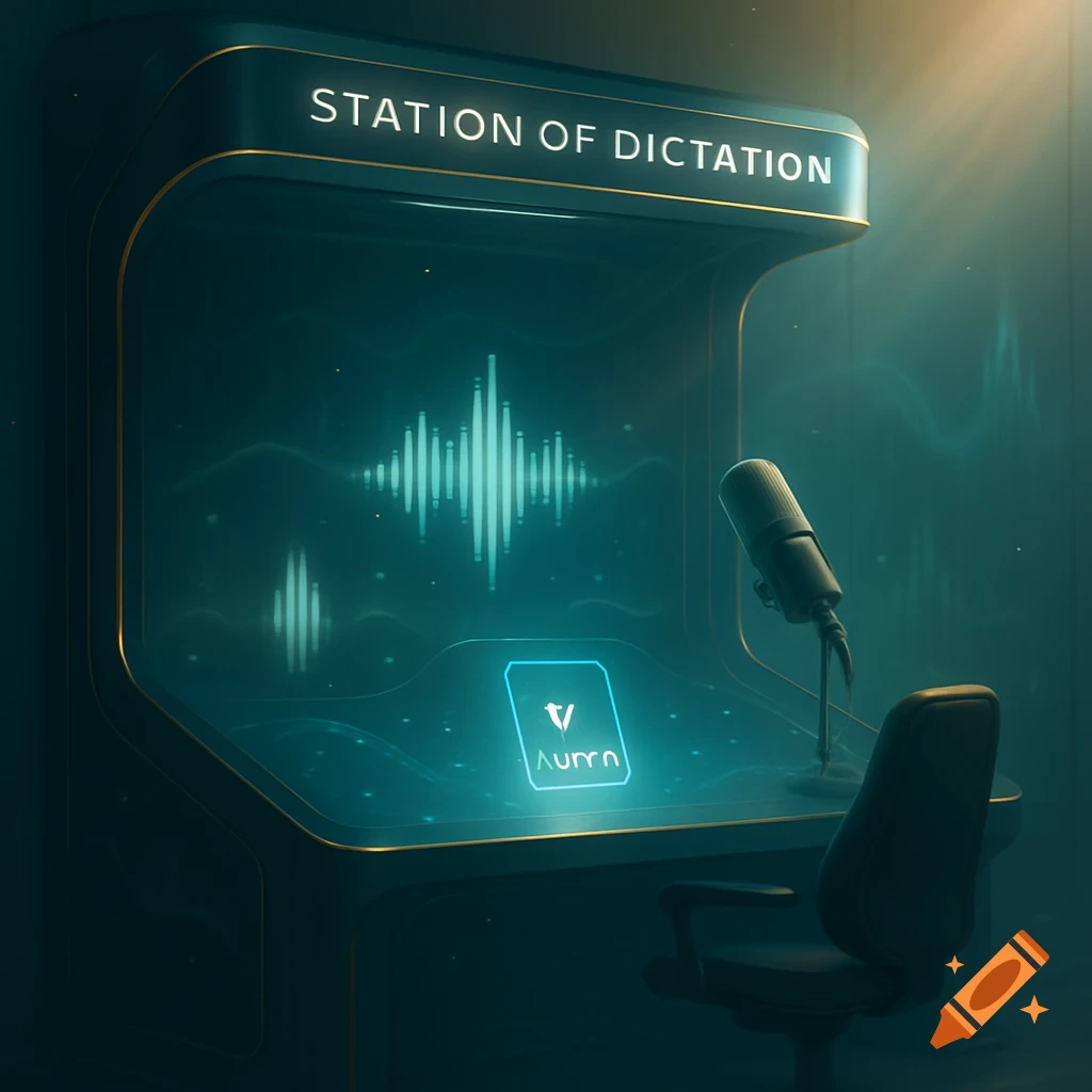 A futuristic dictation station with glowing sound waves, a microphone, and a chair in a dark, tech-aesthetic room.