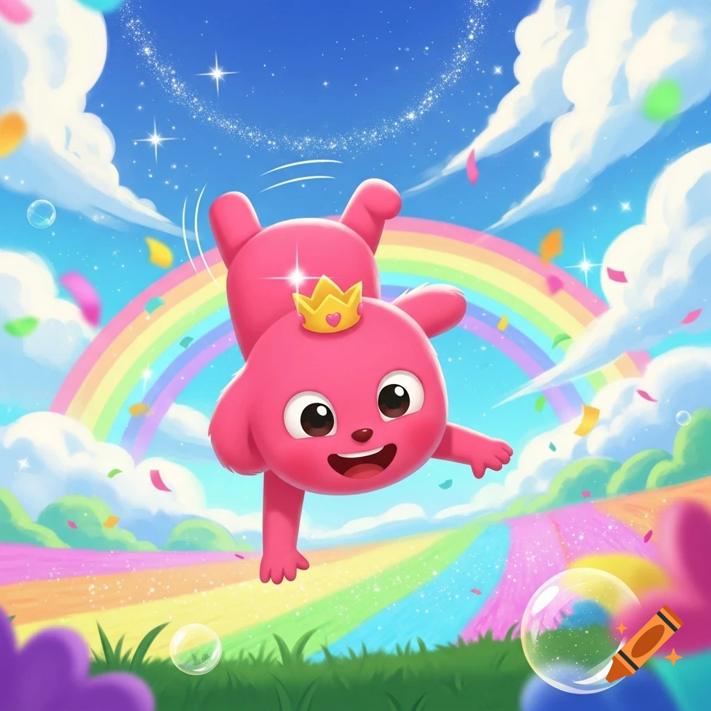 A whimsical cartoon image of Pinkfong, a pink creature wearing a golden crown, leaping mid-air over a vibrant rainbow path under a blue sky with confetti and bubbles.