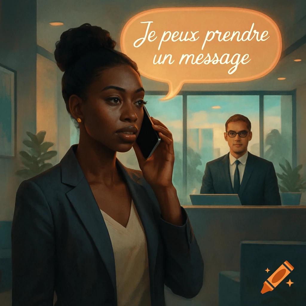 A digital painting of a Black woman talking on a smartphone in an office, with a speech bubble reading 'Je peux prendre un message'. A man is in the background.