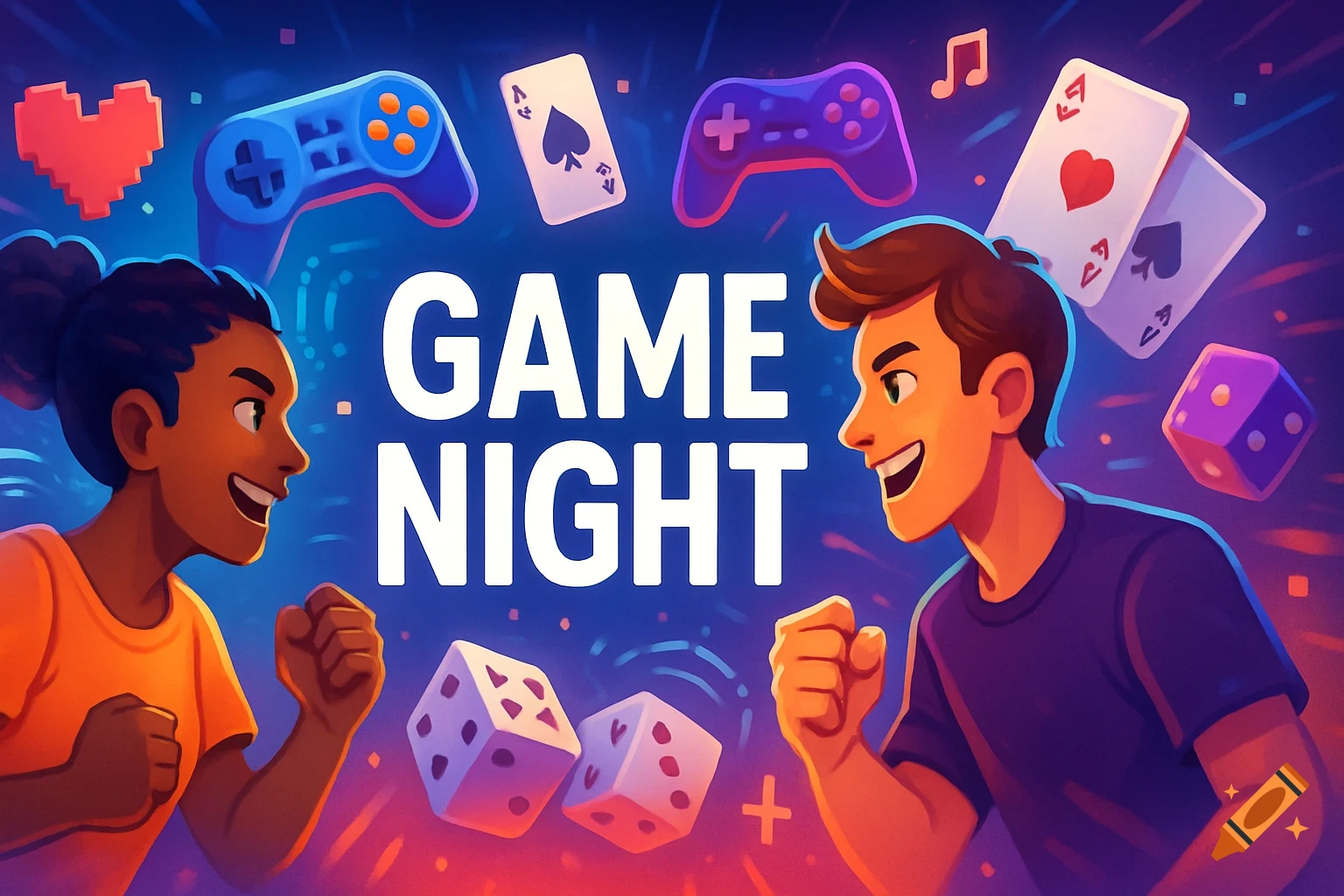 Two happy, cartoon-style people surrounded by game controllers, playing cards, and dice for a 'Game Night' celebration.