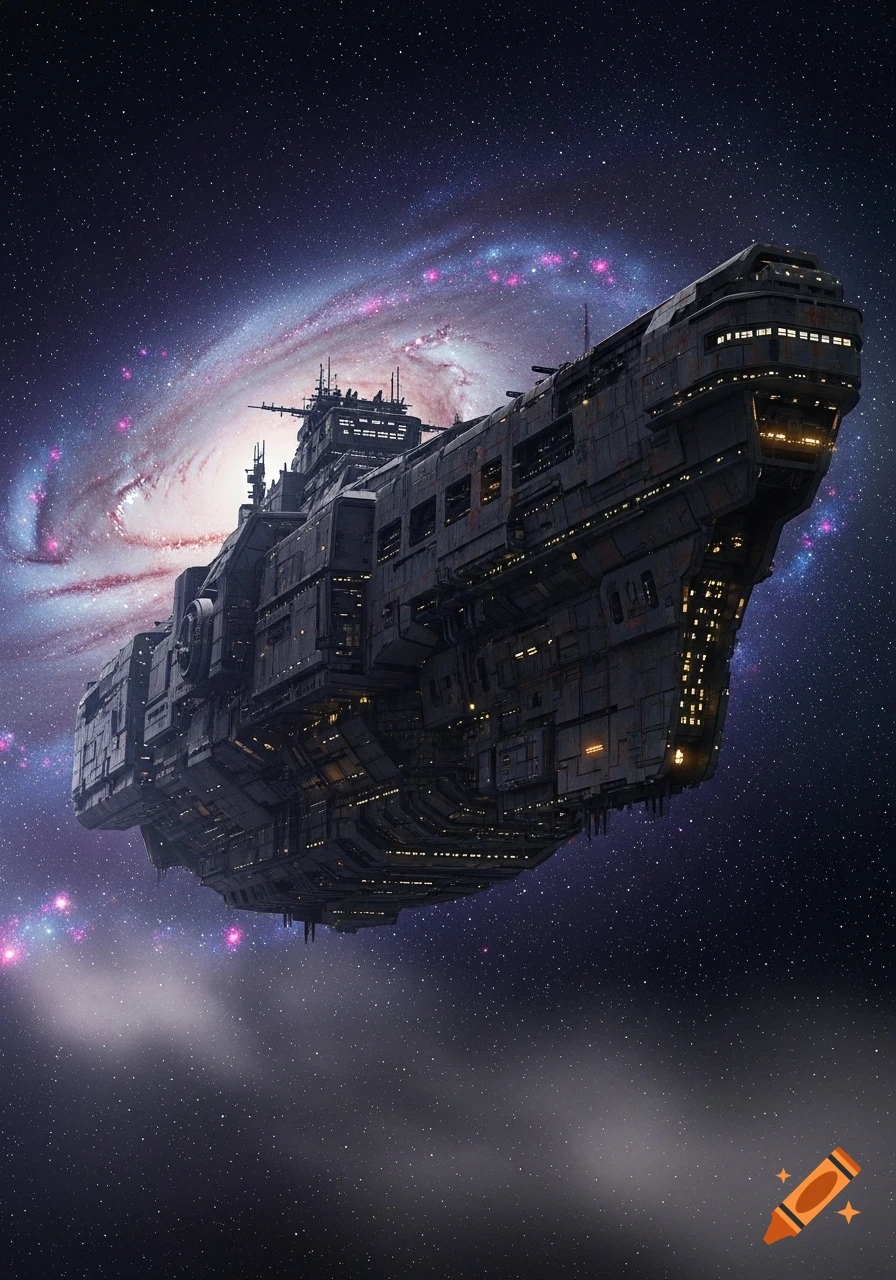 A massive, gritty sci-fi spaceship floats in space against a backdrop of a colorful spiral galaxy and stars.
