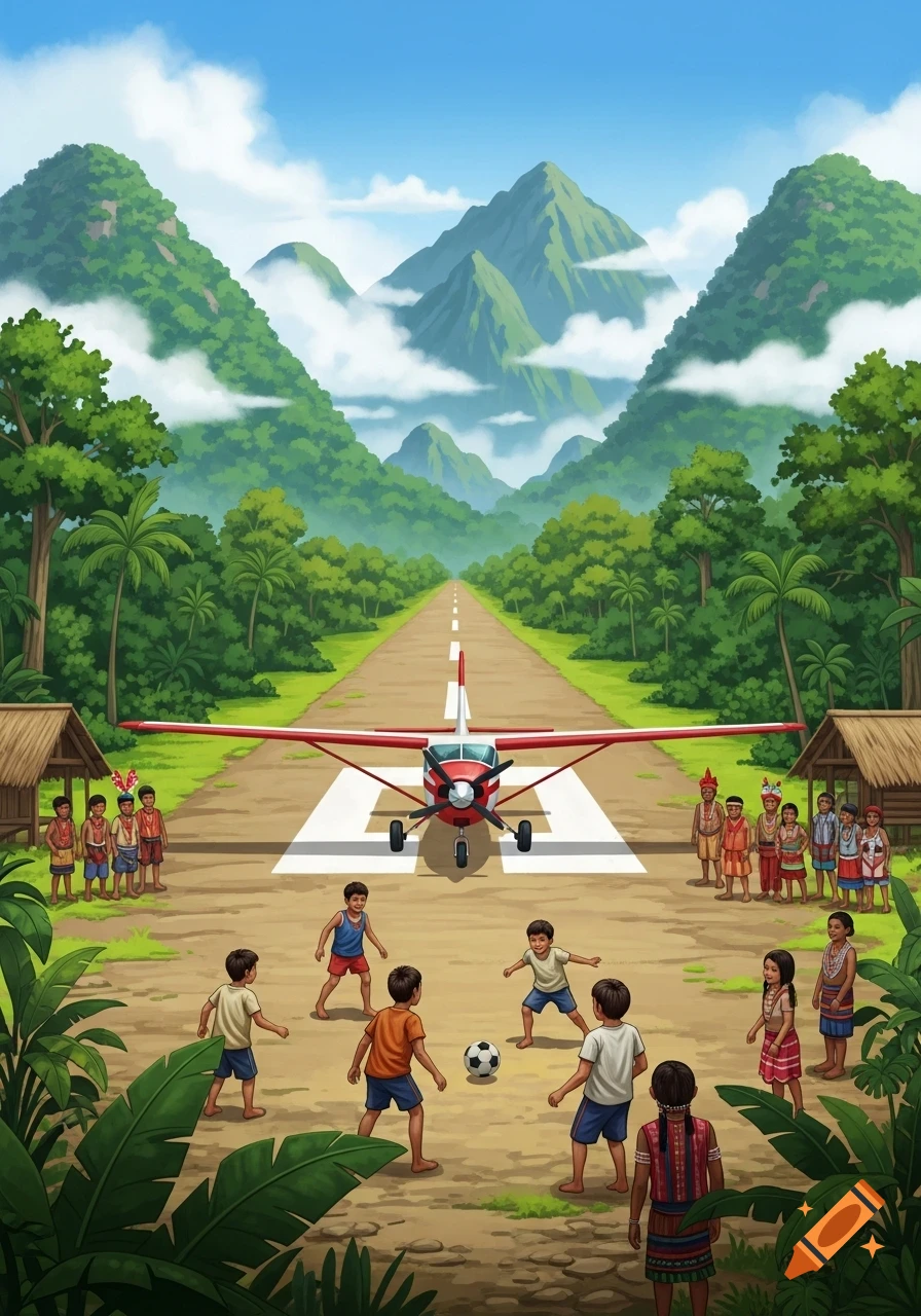 Cartoon illustration of children playing soccer on a dirt airstrip in a tropical jungle, with an airplane and tribal villagers.