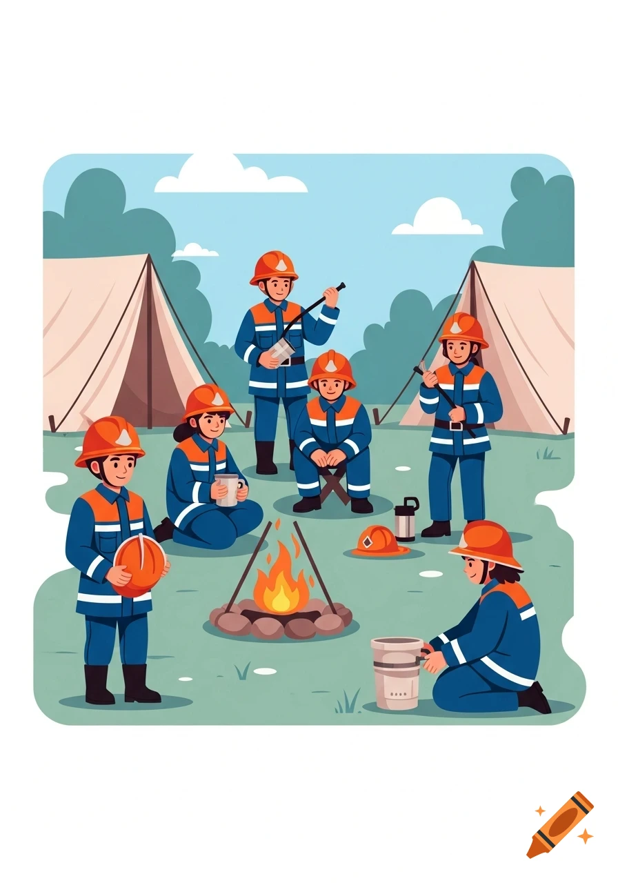 Cartoon illustration of a group of youth firefighters camping around a campfire with tents in the background.
