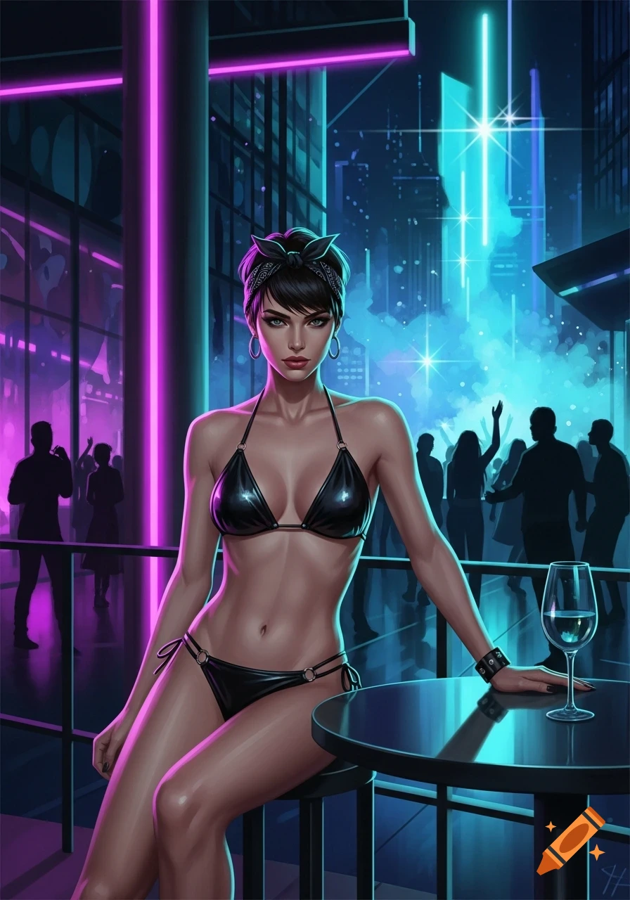 A digital art of a tall, thin woman with short black hair and a bandana, wearing a black bikini, sitting at a table in a neon-lit nightclub patio.