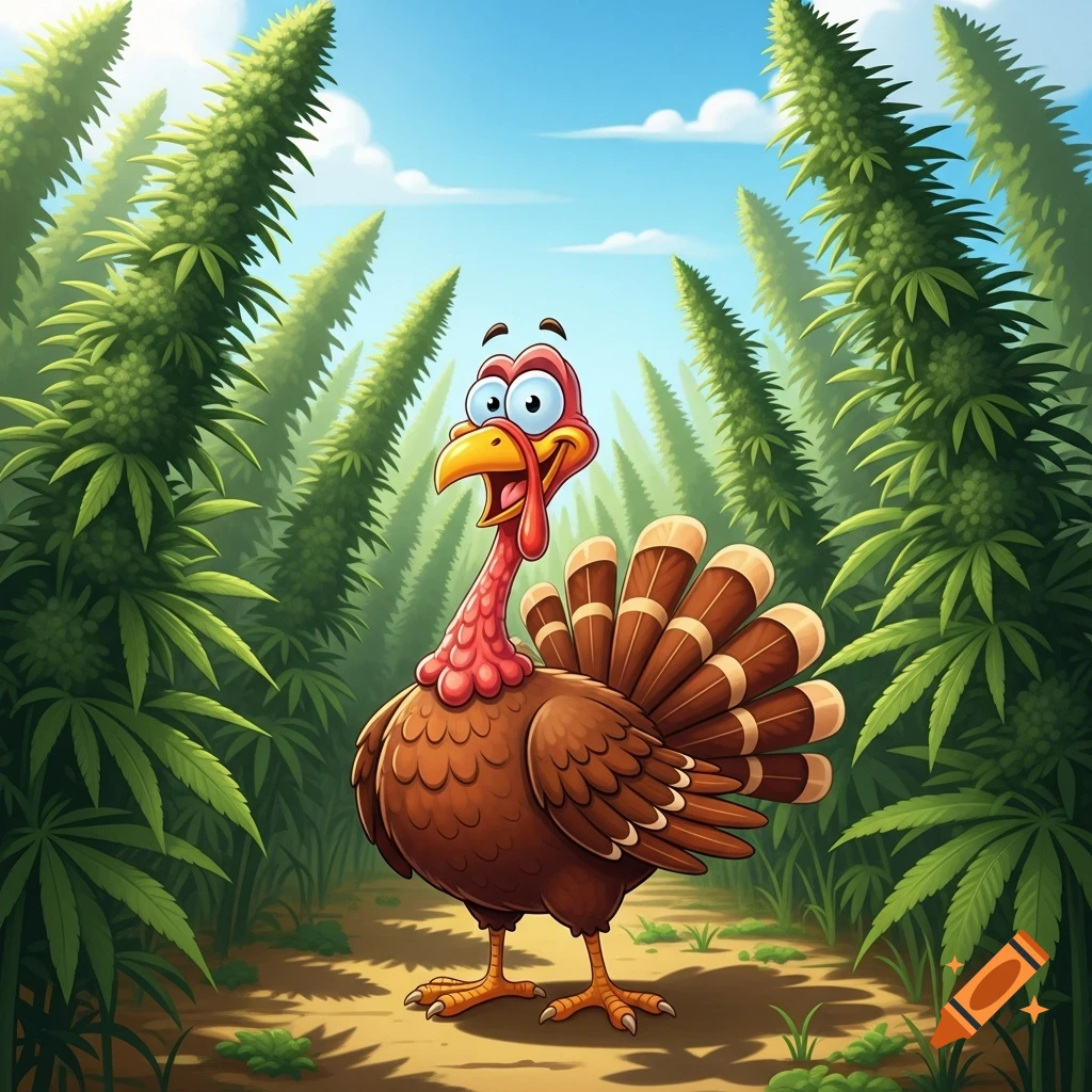 A smiling cartoon turkey stands in a vibrant field of tall green cannabis plants under a blue sky.