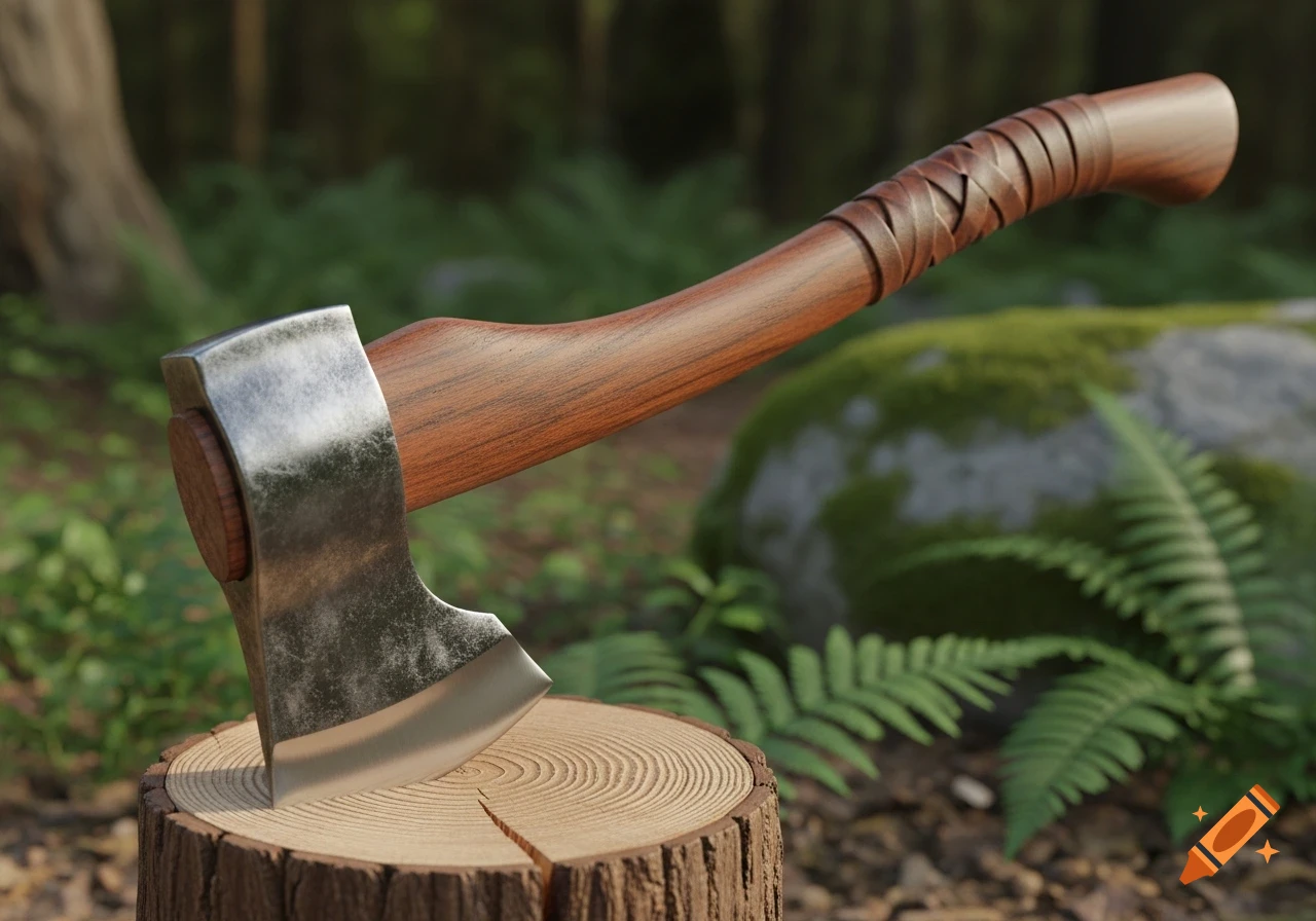 A close-up, photorealistic image of a chopping axe with a wooden handle stuck vertically into a tree stump in a forest setting.