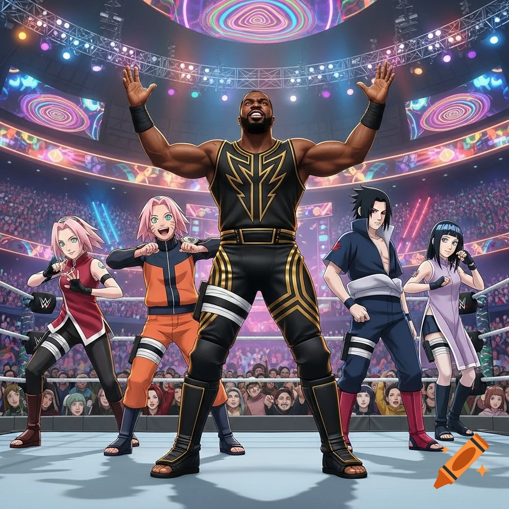 A muscular man in a gold and black wrestling outfit stands in a brightly lit ring with anime characters Naruto, Sakura, Sasuke, and Hinata.