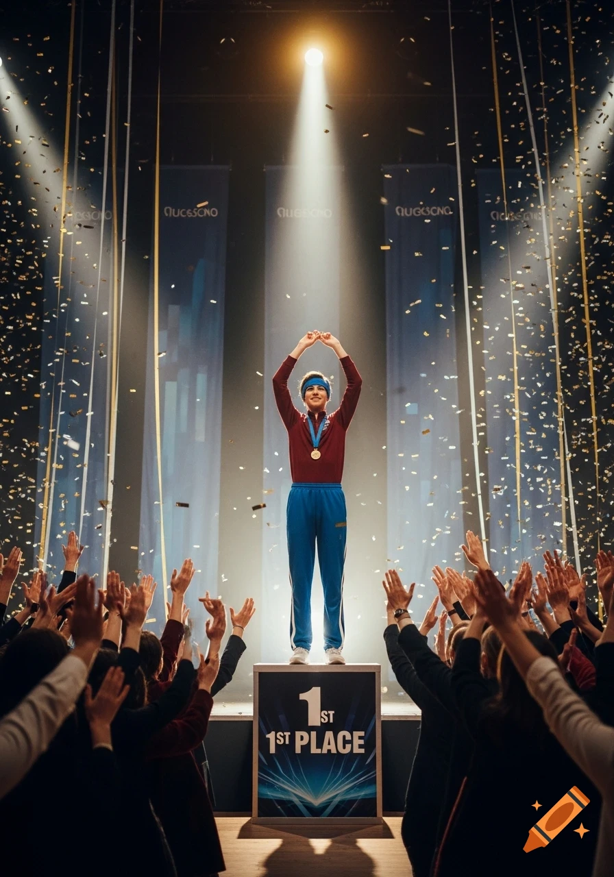 A person stands on a 1st place podium under a spotlight with gold confetti falling, surrounded by an applauding crowd. Text on banners in the background is garbled.