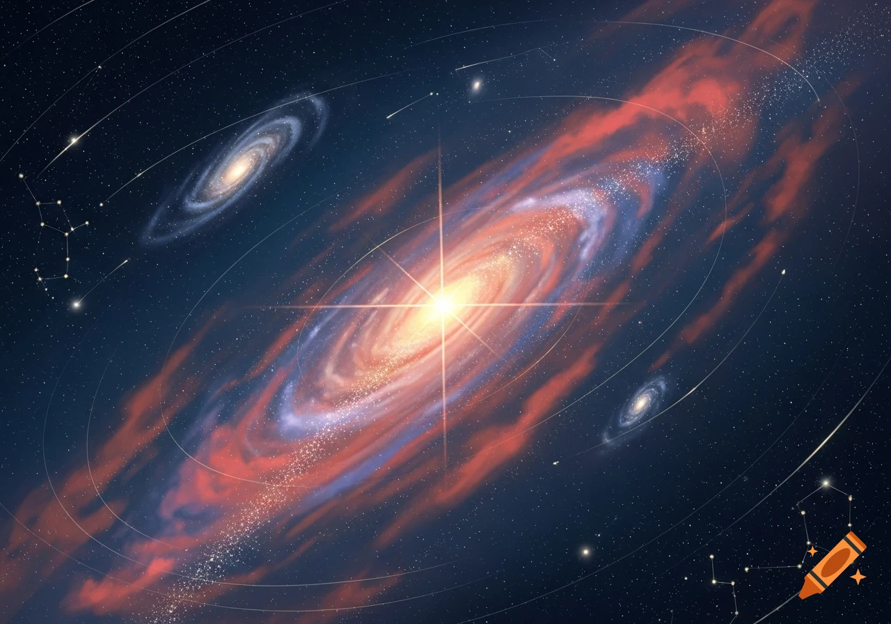 Vibrant illustration of a spiral galaxy with a bright center, red and blue nebulae, stars, and constellations in space.