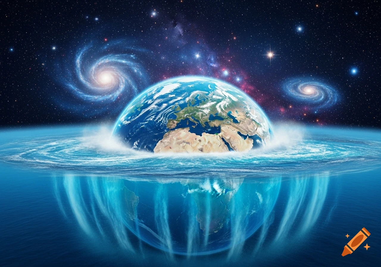 A surreal 3D depiction of Earth partially submerged in an ocean, with its reflection visible below the surface, set against a vibrant starry galaxy.