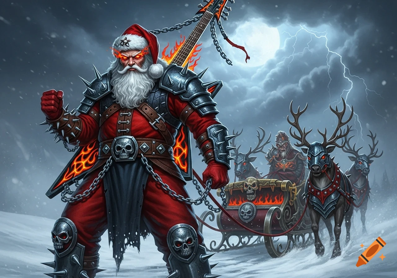 A heavy metal Santa Claus in spiked armor with glowing red eyes, holding chains to a sleigh pulled by armored reindeers in a snowy landscape with lightning.