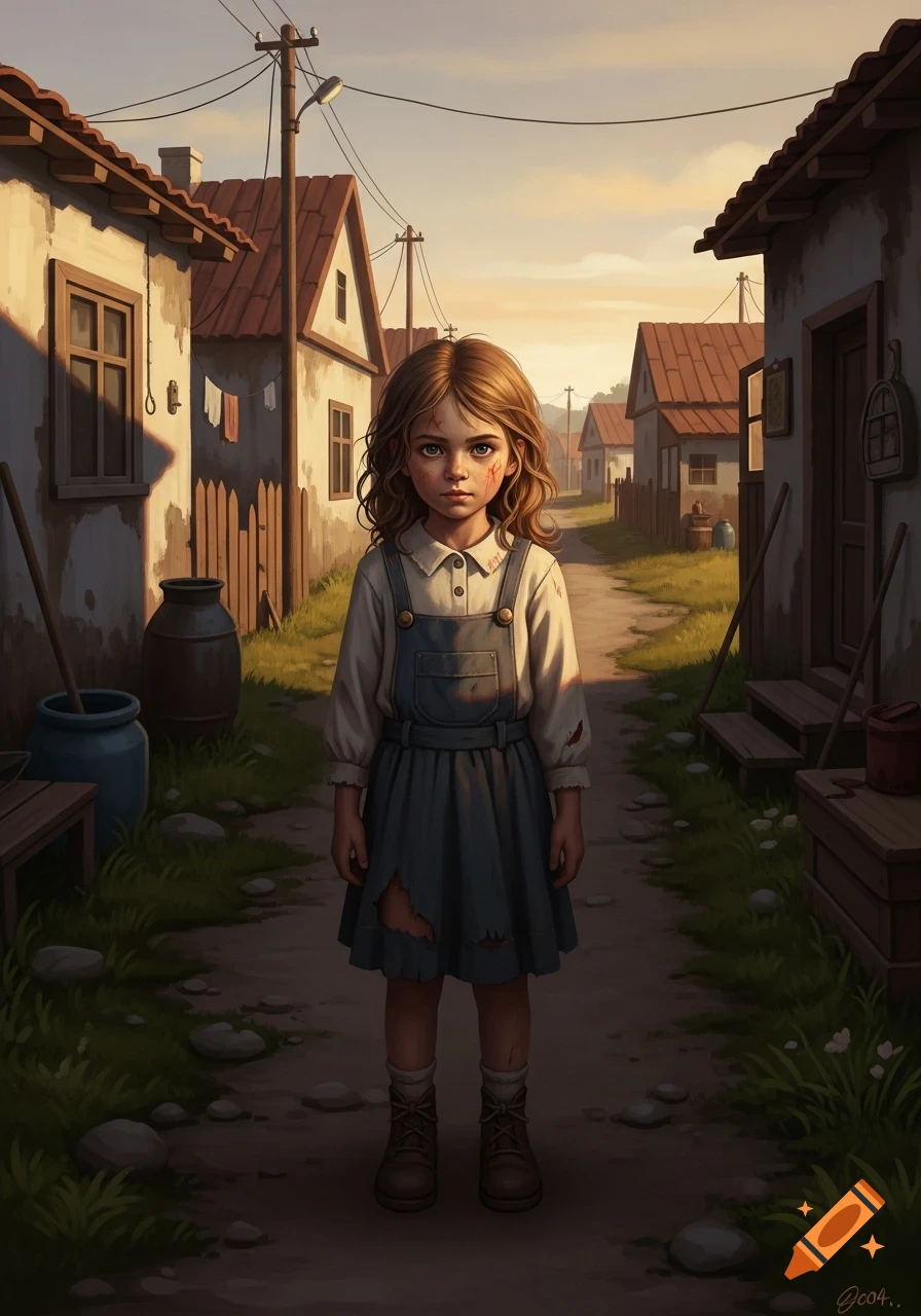 A young girl with dirty face and torn clothes stands in a dusty village path at sunset, illustration.