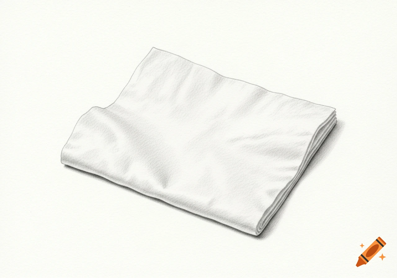 A detailed pencil drawing of a folded white paper tissue on a plain white background.