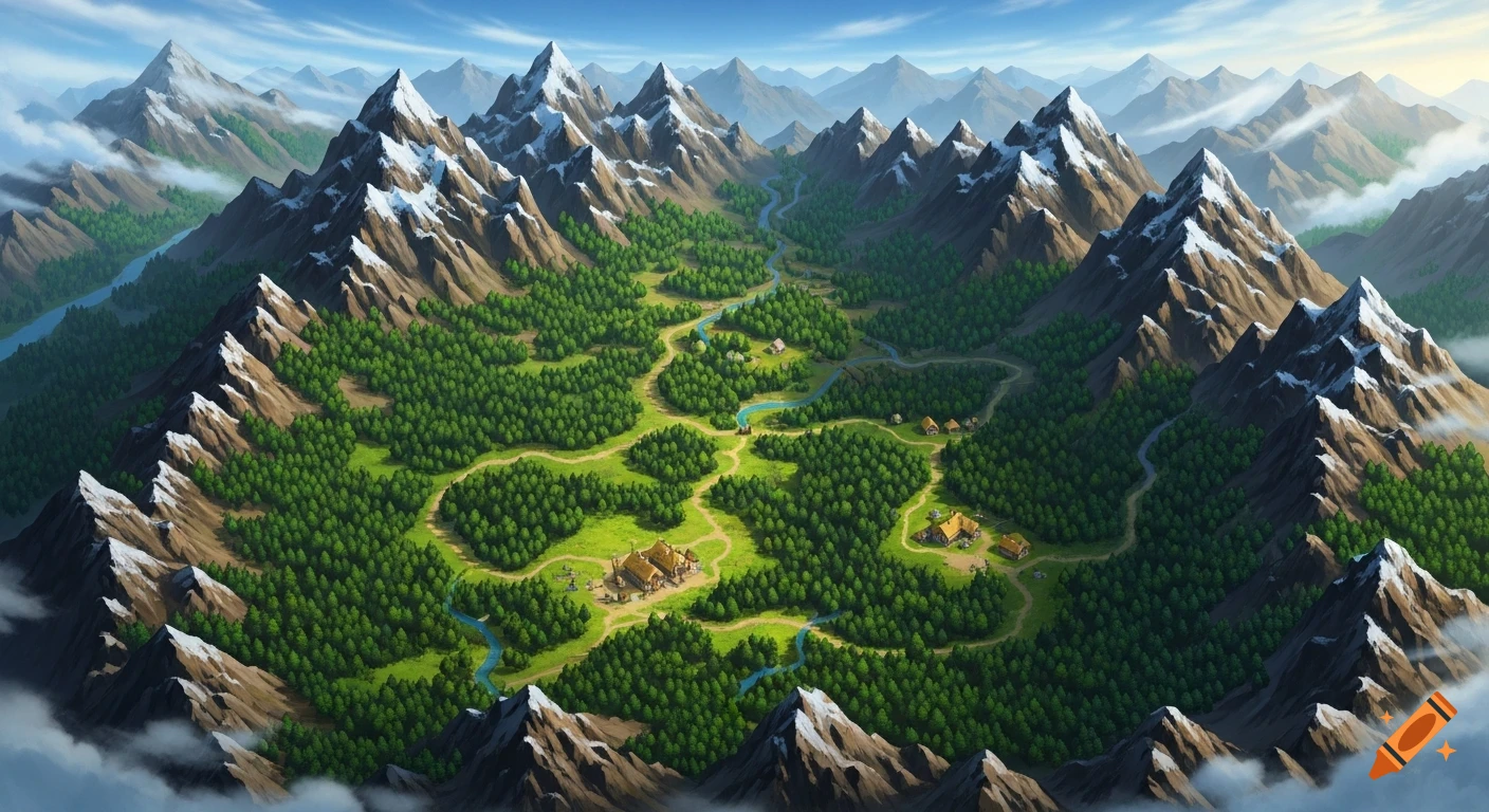 Expansive overhead view of a stylized fantasy game map with a green valley, forests, snow-capped mountains, a river, and small settlements.