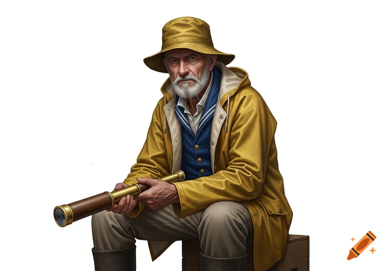 An old, bearded sailor in a yellow raincoat and hat sits, holding a brass telescope, against a white background.