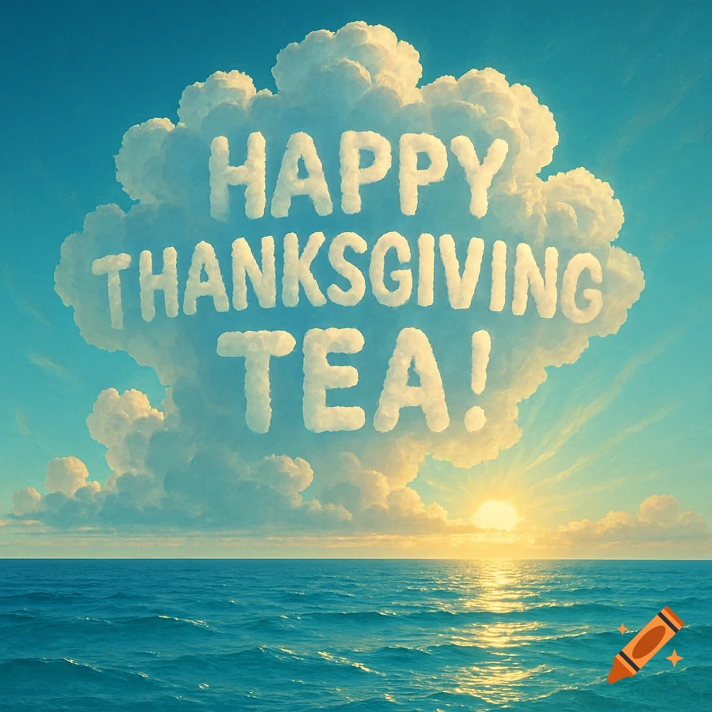 Clouds spell "HAPPY THANKSGIVING TEA!" over a calm ocean with a bright sunset.