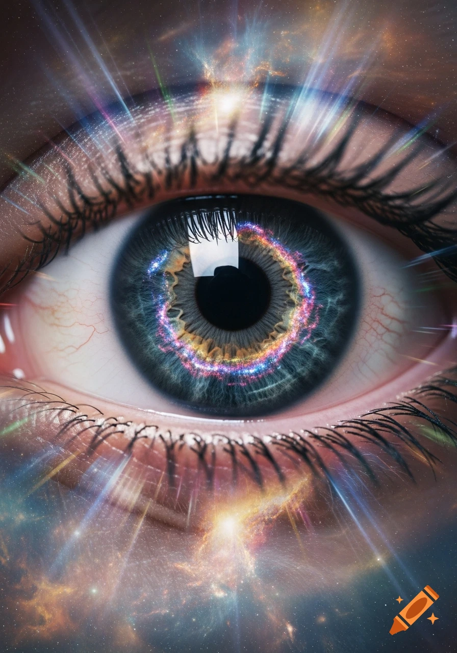 A close-up of a blue eye with a glowing, colorful ring around the pupil, surrounded by cosmic nebulae and radiating light.