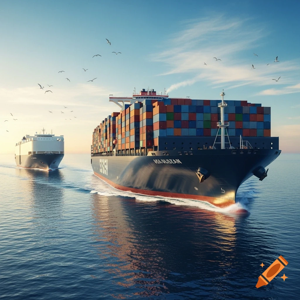 A large container ship and a car carrier sailing on a calm ocean under a clear blue sky at sunset, photorealistic.