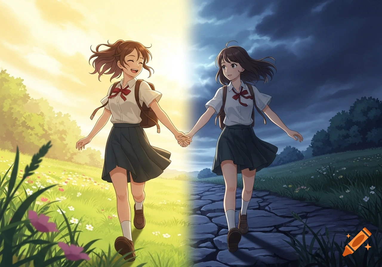 Two anime schoolgirls hold hands in a split scene: one runs in a sunny meadow, the other on a dark path under stormy skies.