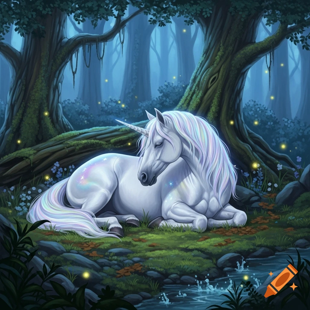 A white unicorn with a rainbow mane sleeps in a mystical blue forest by a stream, with glowing fireflies. Fantasy art style.