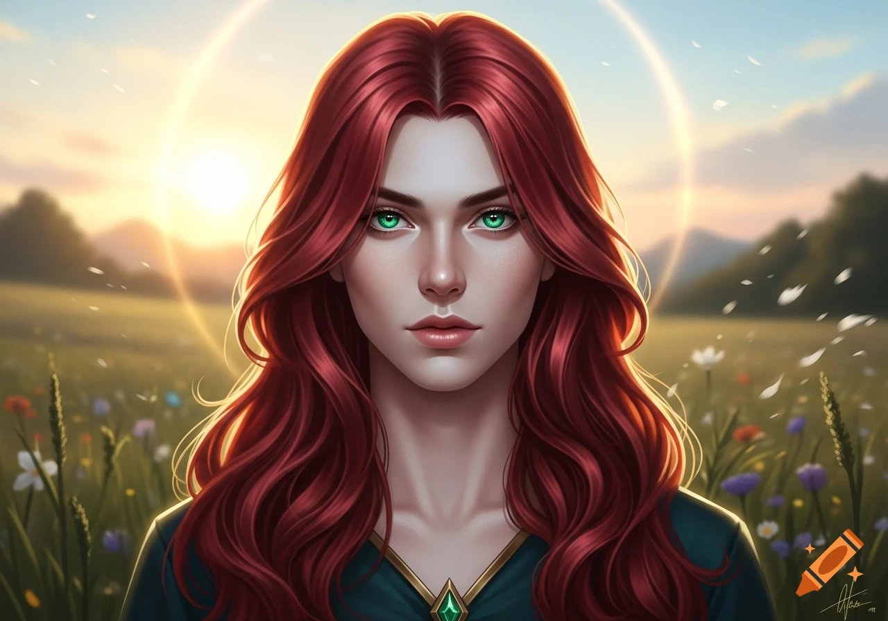 A fantasy art portrait of a woman with long wavy red hair and bright ...