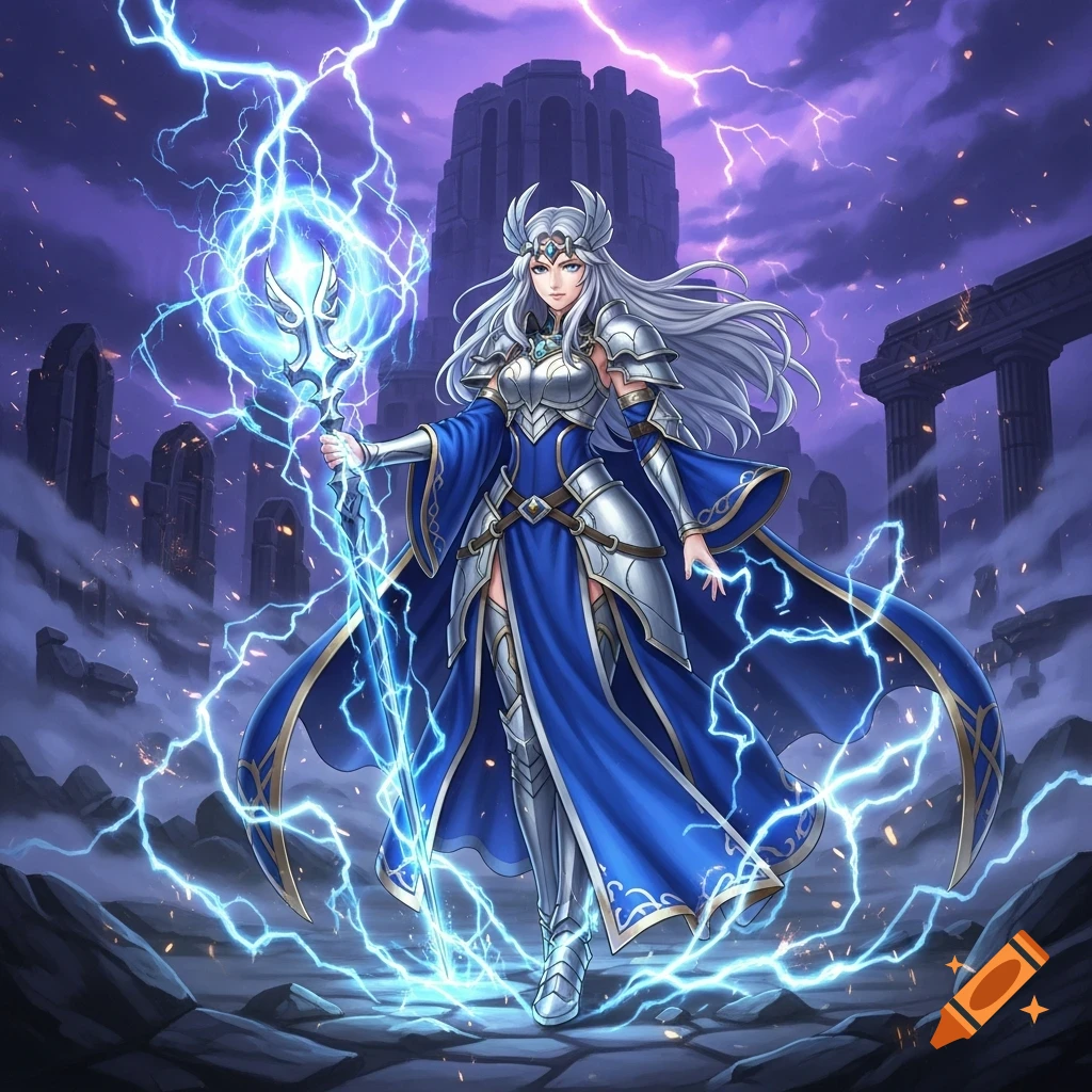 An anime-style female warrior with silver hair in blue and silver armor wields a lightning staff amidst ancient ruins under a purple stormy sky.