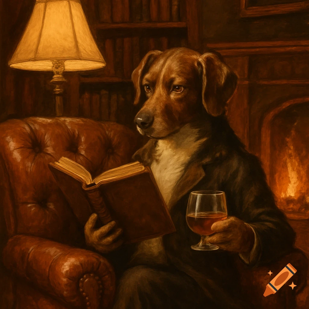 Painterly image of a refined dog in a suit, reading a book and holding a drink in a leather armchair by a fireplace.