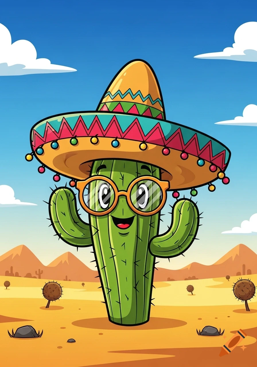 A cheerful cartoon cactus wearing a colorful sombrero and orange glasses stands in a desert landscape.
