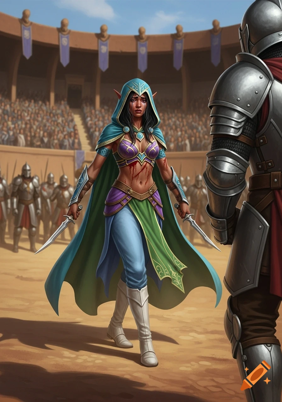 A dark-skinned elf woman warrior with knives, injured, faces an armored knight in a crowded arena, expressing despair.
