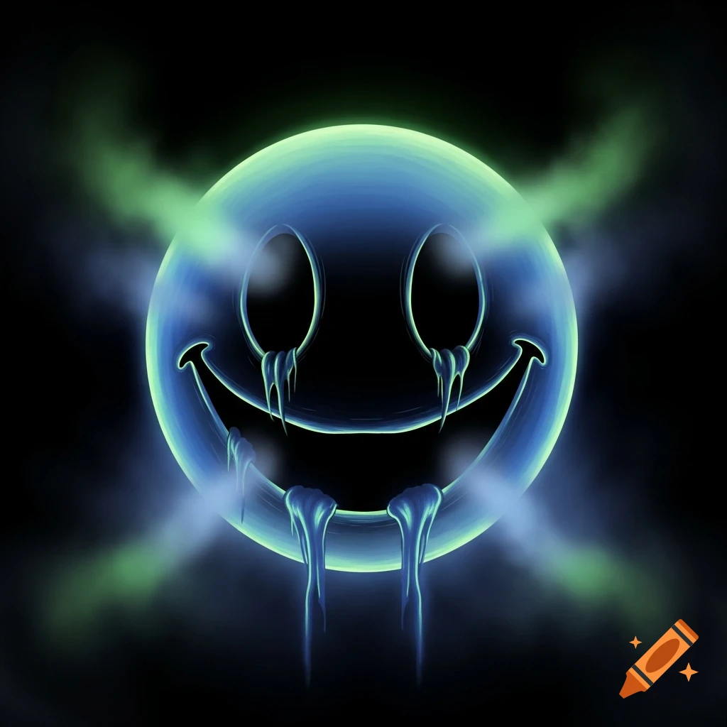 A glowing blue melting smiley face with black eyes and a smile, green smoke emanating from it, on a black background.