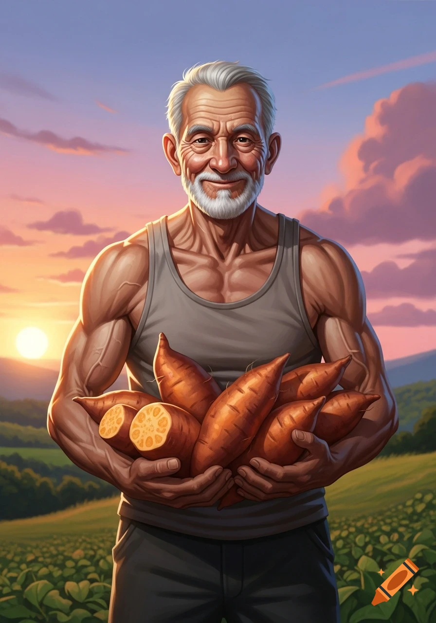 A smiling, muscular elderly man with a white beard holds an armload of sweet potatoes in a field at sunset, in an illustrative style.