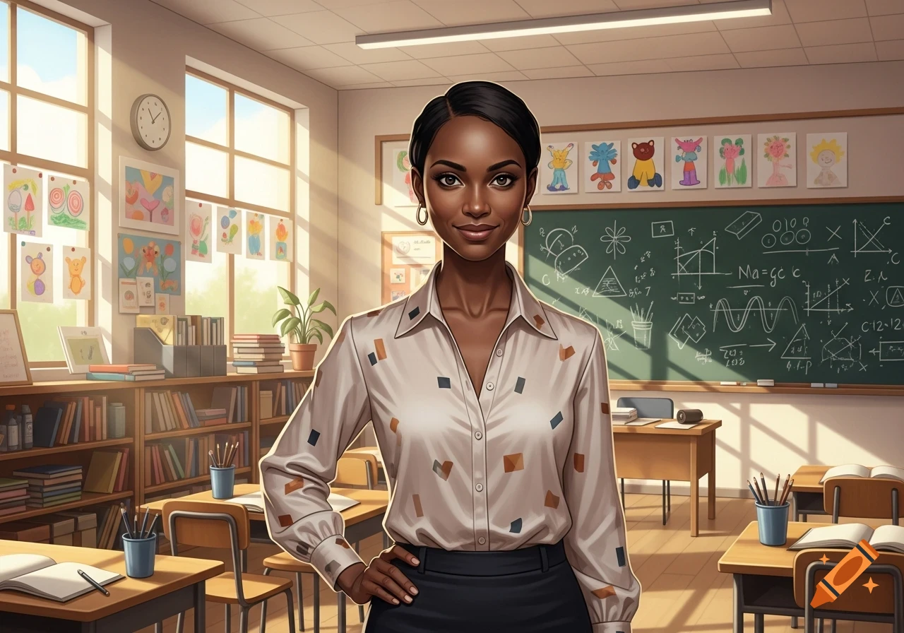 A smiling Black woman teacher stands in a bright classroom with a blackboard, bookshelves, and student desks.